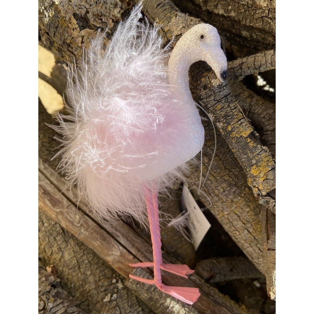 Silver Tree Pink Glittery Feathered Pink Flamingo Ornament Coastal NWT